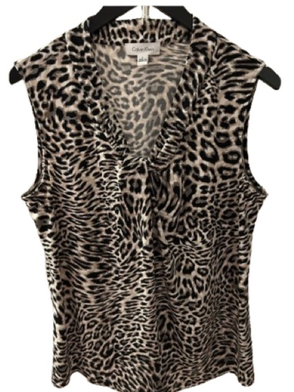 Calvin Klein Leopard Print Sleeveless V-Neck Top - Black & Cream Size L